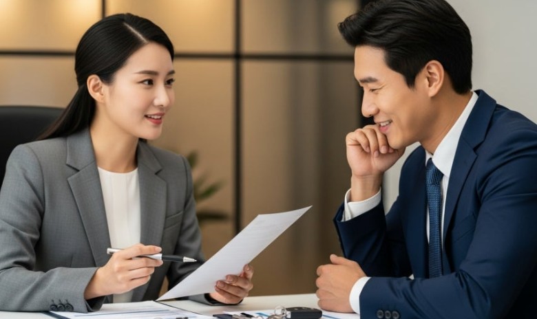 장기렌트 계약 조건을 상담하는 고객과 상담사
